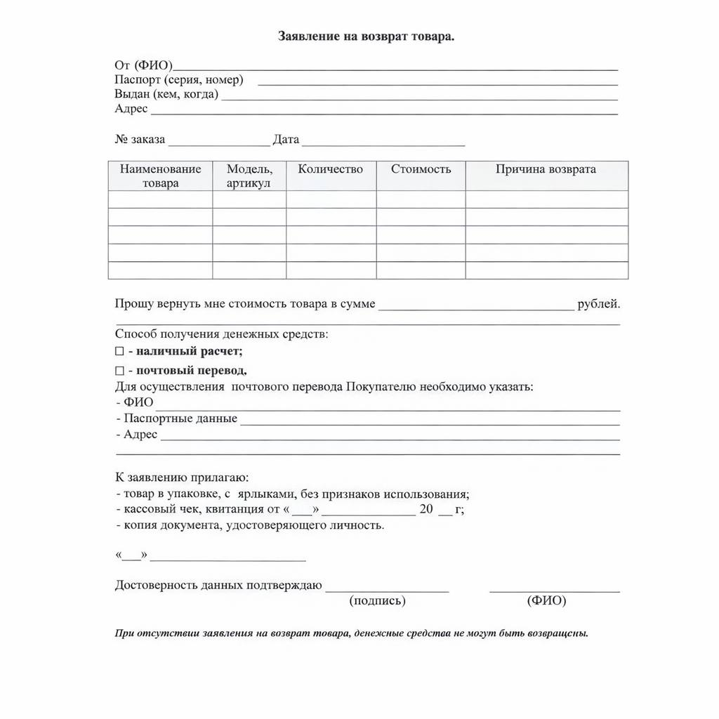 Заявление на возврат товара